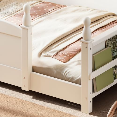 Image of Bellemave Twin Size Montessori Floor Bed Frame with High Fence, Solid Wood Kids Floor Bed with Bookshelf, Low Profile Bed for Boys & Girls, Childlike Design,Beige