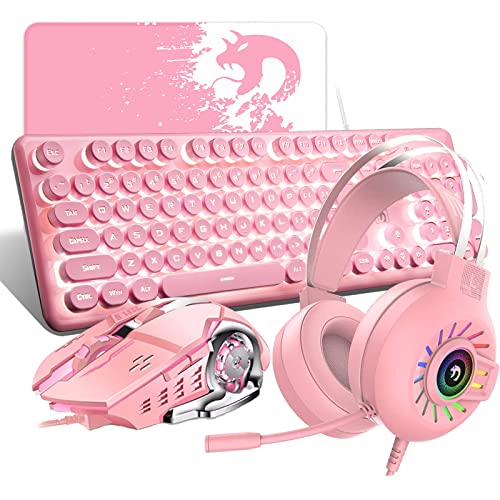 Pink Gaming Keyboard Mouse and Headset and Mouse pad Wired LED Backlit Mechanical Feeling Keyboard 2400DPI Adjust Mice 3.5mm Gaming Stereo Headset for Gamers and Xbox and PS4 PS5 Nintendo Switch