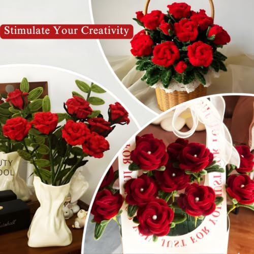 Image of YUNAMI Chenille Stems for DIY Flower Making - 200 Pcs Pipe Cleaners with Floral Wire, Tape, Stamen & Pearls - Premium Bouquet Supplies for Home Decor & Gifting (200, red)