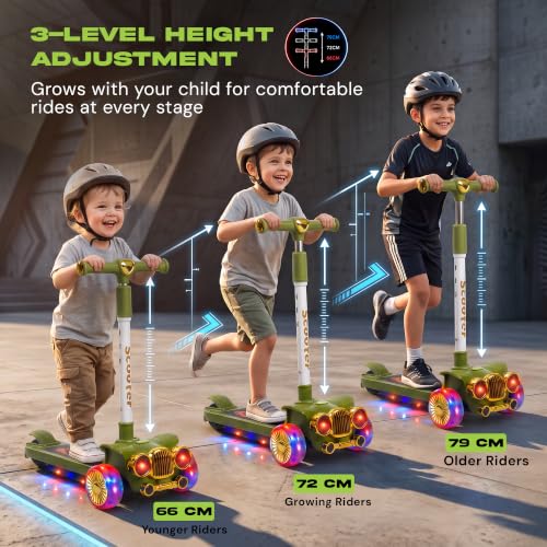 Image of Baybee Twirlo Baby Kick Scooters for Kids with 3 Height Adjustment | Foldable Skating Scooter with Foot Brake | Kids Scooter with RGB Lights & Music | Runner Scooters for Kid 2-10 Years (Green)