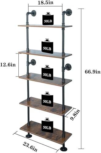 Miniatura 3 de Estantería industrial de tubería de 5 niveles de 67 pulgadas, estantes estante rústico negro en