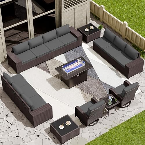 Image of 16 PCS Outdoor Patio Furniture Set,Outdoor Sectional Furniture with 45 inch 55000 BTU Gas Propane Fire Pit Table,All Weather PE Rattan Wicker Patio Conversation Set,Swivel Rocking Chairs Set,Grey