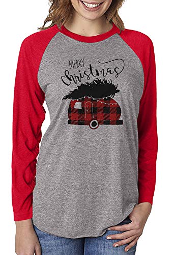Merry Christmas Truck Tree Graphic Cute Shirt Women's Plaid Splicing Long Sleeve Raglan Tees Baseball Tops (XX-Large, Red)