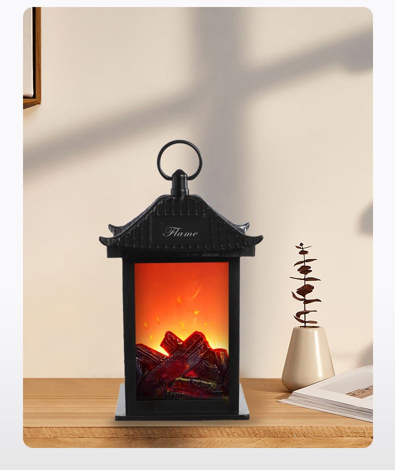 Image of Small Cozy Fireplace Lantern Traditional Realistic Log Wood Burning Flame Effect Ligh LED Charcoal Style Table LampFor Indoor & Outdoor Use(3.3''X3.3''X6.6)