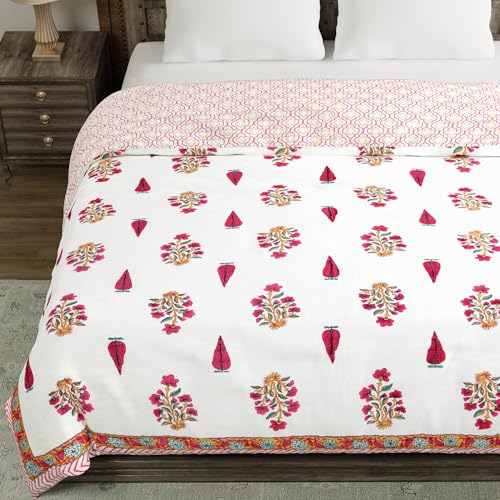 Image of BLOCKS OF INDIA Hand Block Printed Cotton King Size Quilt /Rajai (90 inch X 108 inch) (Pink Rose)