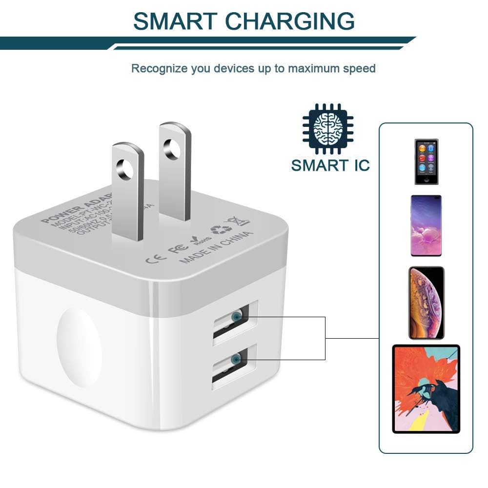 AILKIN - Cargador de pared USB de 2 puertos USB de 2,4 A para iPhone XR XS MAX X/8/7, iPad, Samsung, LG, Pixel | Power Cube - Base de carga rápida para iPhone 17 Air 16e 16 15 14 13 12 Pro Max SE 11 Samsung, bloque de carga de teléfonos