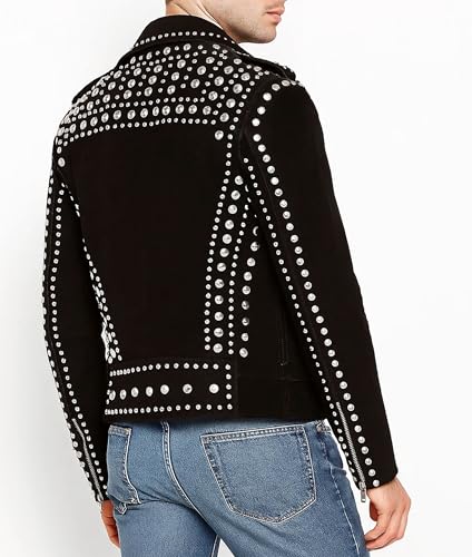 Men’s Brando Studded Punk Motorcycle Biker Black Suede Leather Jacket3