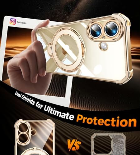 Image of Soft Case for iPhone 16 with 360 Rotating Magnetic Stand, Compatible with Mag-Safe, 4X MIL-Drop Protection, Lightweight Glossy Anti-Yellowing Clear Back Phone Cover for iPhone 16, Gold