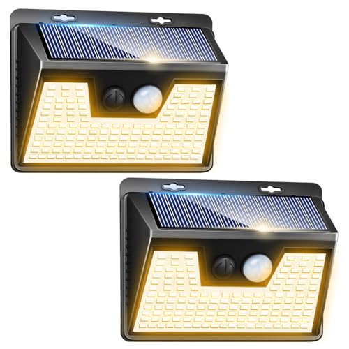 Image of Peasur LED Solar Lights Outdoor Motion Sensor, 2 Packs Waterproof Solar Power Fence Security Lighting, 3 Mode Yard Deck Lamp for Wall Stairs Home Outside Warm White