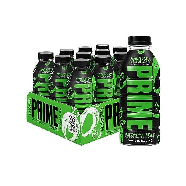 PRIME Hydration GLOWBERRY, Sports Drinks, Electrolyte Enhanced for Ultimate Hydration, 250mg BCAAs, B Vitamins, Antioxidants, Low Sugar, 16.9 Fl Oz, 12 Pack