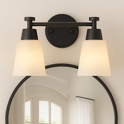 Miniatura 9 de Lámpara de tocador de baño, 2 luces modernas de acero inoxidable negro mate sobre espejo con vidrio esmerilado, apliques de pared para dormitorio,