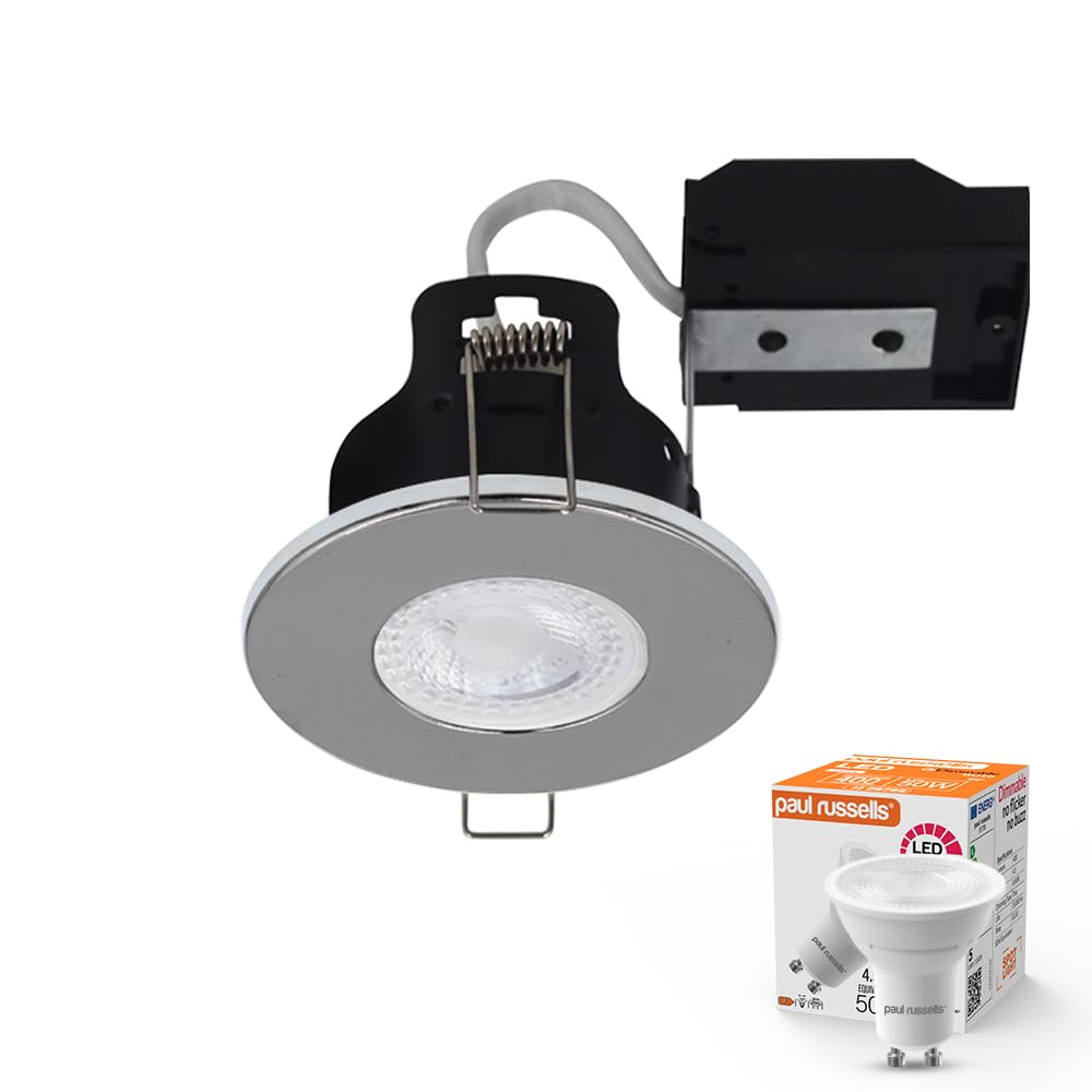 paul russells Dimmable LED Downlights Recessed Ceiling Lights, Fire Rated GU10 Spotlights Can, 65-70mm, IP65, 4.5W = 50W Equivalent, Polished Chrome Bezel, Include 6500K Daylight White Bulb, 1 Pack