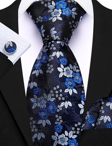 Image of Barry.Wang Flower Ties for Men Silk Woven Floral Tie Sets Necktie Handkerchief Cufflinks Wedding Party
