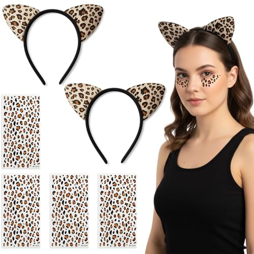 PjuQow 6 Stück Dschungel Kostüm mit Leopard Ohr und Leopard Tattoo Aufkleber Leoparden Kostüm Damen perfekt für Karneval Halloween und Cosplay ideales Accessoire für Mottopartys und Fotoshootings