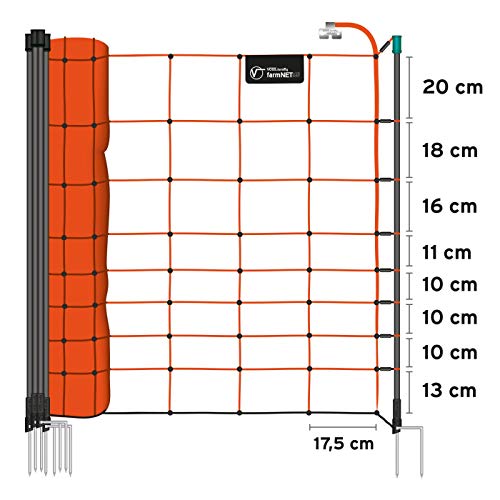 VOSS.farming Premium Schafnetz farmNET 50m 108cm Orange 2 Spitzen 14 Pfähle Schafzaun Elektronetz