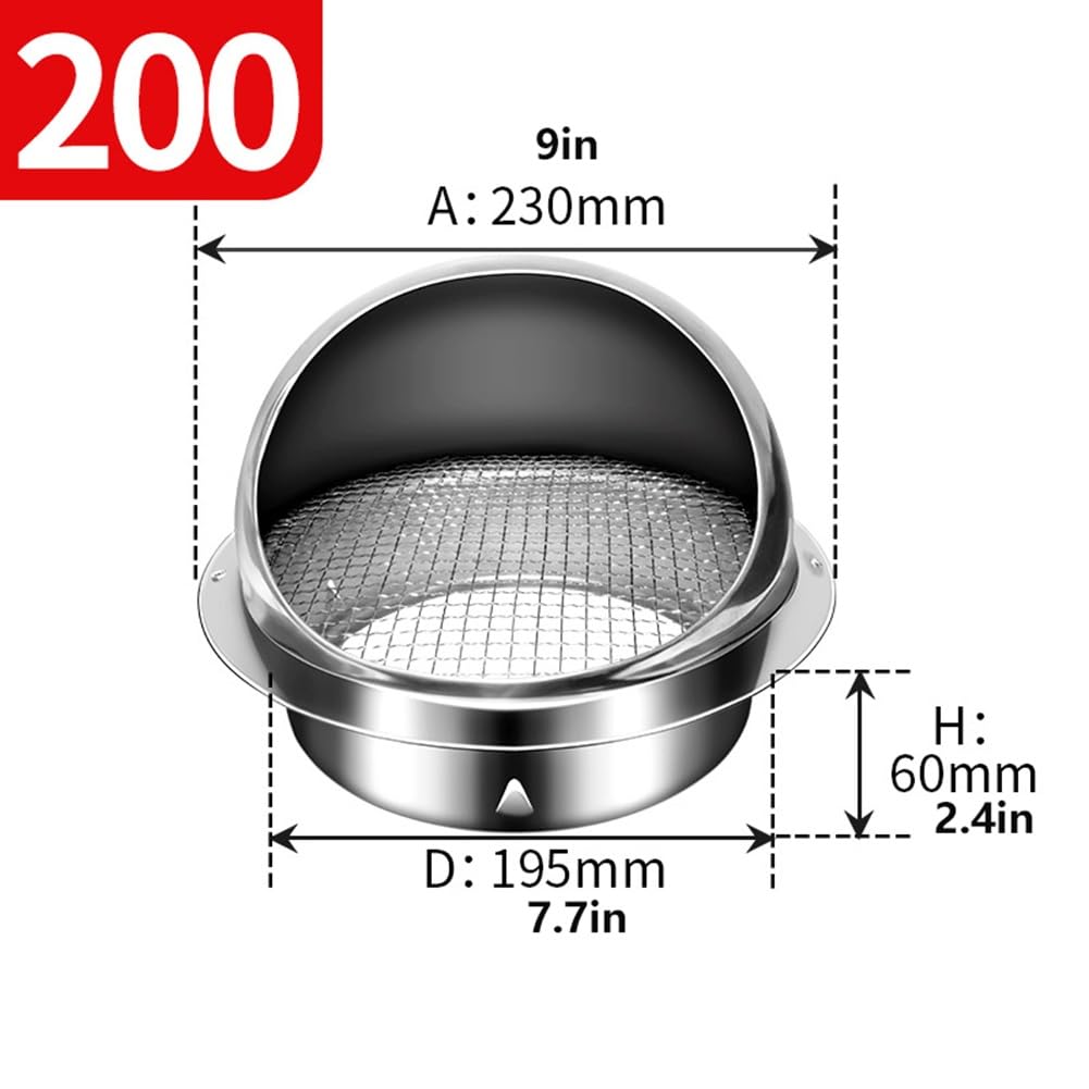 Griglia Ventilazione in Acciaio Inox con Rete | 150-200 mm Griglia per L'aria di Scarico da Parete, Scarico Rapido, per Cucina, Cappa Aspirante, Bagno(200mm/8in)