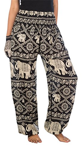 Lofbaz Pantalon Sarouel Femmes Taille Smockée éléphant Noir M
