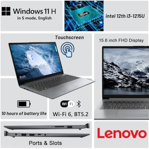 Image of Lenovo IdeaPad 15.6 inch FHD Touchscreen Laptop, 16GB DDR4 RAM, 1TB SSD, Intel Core i3-1215U, WiFi 6, Windows 11 Home in S Mode, SD Card Reader, Cloud Grey Touchscreen Laptop
