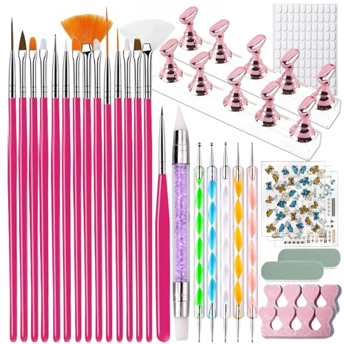 Kit de 31 Pièces Outils de Nail Art, avec 15 pinceaux nail art, 5 Dotting Pen, 3 autocollants pour ongles, 2 polissoirs, 2 séparateurs d'orteils avec support...