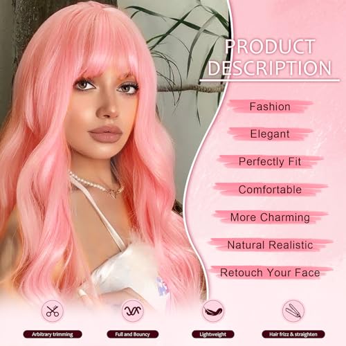 NOSTALGIA Pink Wig with Bangs for Women, 26 Inch Long Wavy Synthetic Wig | Heat Resistant Synthetic Fiber, Trimmable Bangs, Lightweight for Daily Wear, Cosplay, Parties, Festivals, and Halloween - image 4