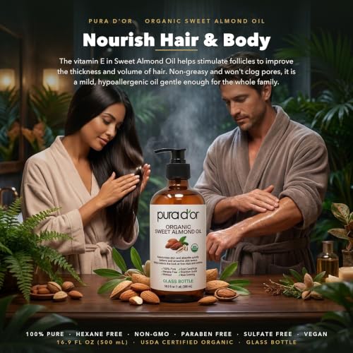 PURA D'OR ORGANIC Sweet Almond Oil (GLASS BOTTLE) Pure Cold-Pressed, 16.9oz - image 6