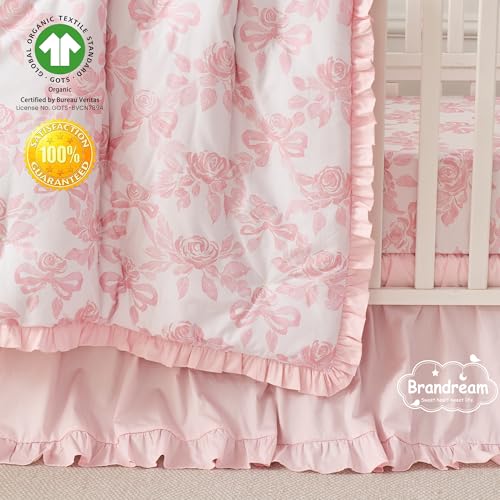 Image of Brandream Baby Crib Sheets for Girls Boys, Super Soft 100% Organic Cotton Baby Sheet French Country Pink Cottagecore Floral Print Fitted Crib Sheet for Standard Crib and Toddler Mattress