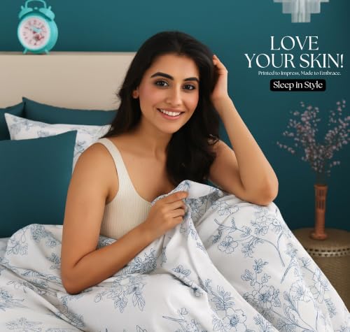 Image of SANMARINO 210TC Cotton King Size Bedsheet with 2 Pillow Covers | Premium Floral Print Design Flatsheet |Ultra Soft Breathable Skin Friendly Bedding Set for All Season Use 90 x 100 Inch,Powder Blue