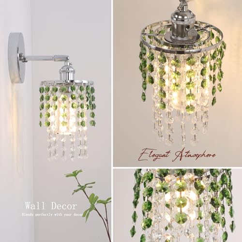 Image of Shenmoyl Set of 2 Crystal Battery Operated Wall Sconce,Rechargeable Wall Lamp with 5400mAh Battery & Remote Control, Modern Dimmable Wireless Wall Lights for Bedroom Bathroom (Green, Silver Base)