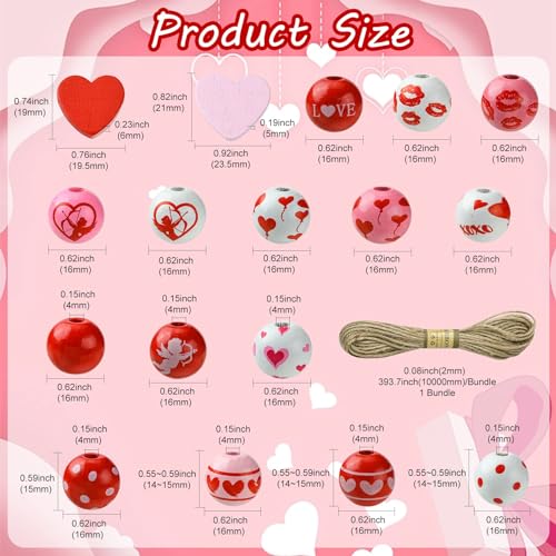 Stiesy 120Pcs Valentines Theme Wooden Beads Wood 16mm Round Beads Red Love Heart Polka Dot Spacer Beads Set for Jewellery Making DIY Bracelet Crafting - Image 2