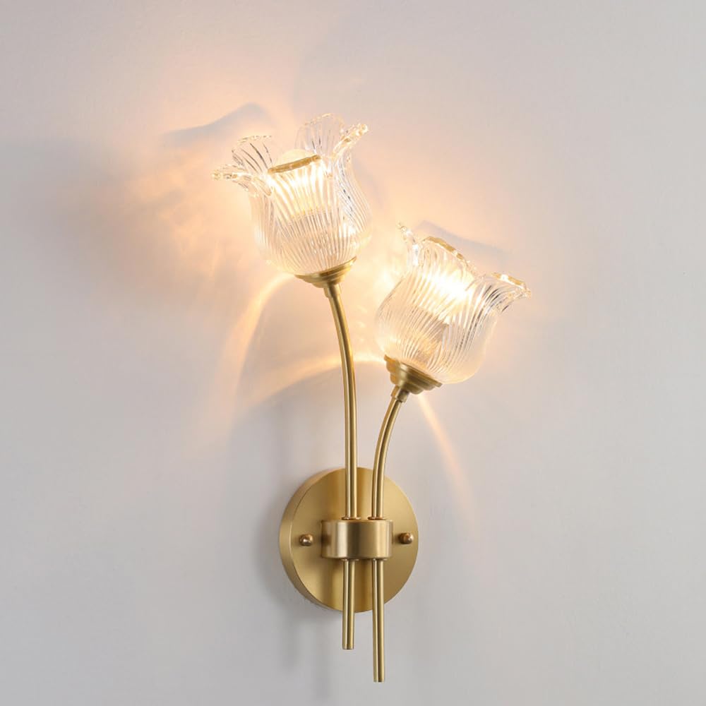 KBUUKYYXouy 2-Lights Vintage Brushed Brass Bathroom Vanity Wall Mounted Light Fixture Mid Century Flower Glass Wall Sconce Hardwired Modern Gold Wall Lamp for Living Room Hallway Aisle Stairs Bedroom
