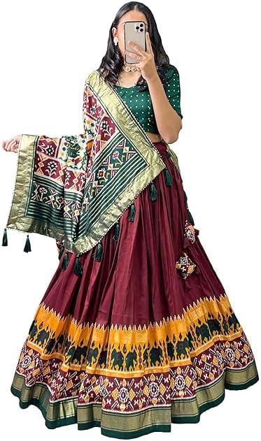 YanaFab Women's Tussar Silk With Patola Print And Foil Work Lehenga choli