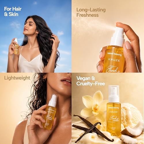 Image of BAKED BEAUTY Kruze French Vanilla Perfume Body Mist | Refreshing Long Lasting Tropical Fragrance|Double Duty Mist For Hair & Body| Travel-Friendly Perfume Body Spray for Women- 60ml
