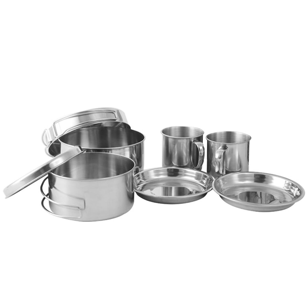 Zerodeko Ensemble Cuisine de Camping en Acier Inoxydable Poignées Pliables, Multi-Fonction, Comprenant Casserole, Poêle, Assiettes et Tasses pour Randonnée et Pêche