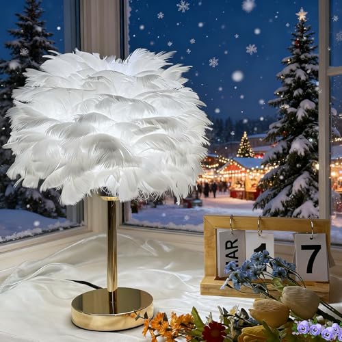 EMINGSKY White Feather Table Lamp with Gold Finish - 3 Color Changing LED Bedside Desk Lamp Modern Elegant Decor for Hotel Wedding Living Room Ideal Gift for Women