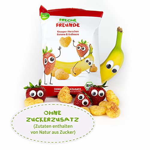 FRECHE FREUNDE Bio Knusper Herzchen aus gepufftem Mais, mit Bananen und Erdbeerpulver, fruchtig-süße Knabberei für Kinder, vegan, glutenfrei, 9er Pack (9 x 30g)