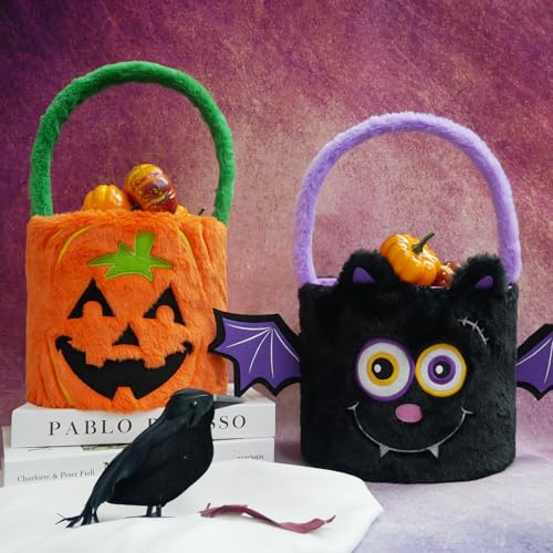 Image of Dia 7.9 inch * H 15.7 inch, Plush Halloween Baskets Trick or Treat Bags Halloween Candy Bucket, Gift Bucket for Party Favor Supplies (2Pcs-Pumpkin&Black Bat)