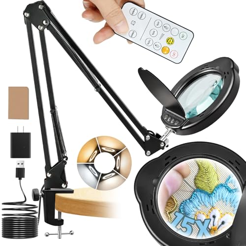 15x Magnifying Lamp with Remote & Dust Cover, Long Arm Hand Free Magnifying Glass with Light and Clamp Stand 5 Color Dimmable LED Desktop Magnifier Lamp with Light for Read Craft Hobby Close Work