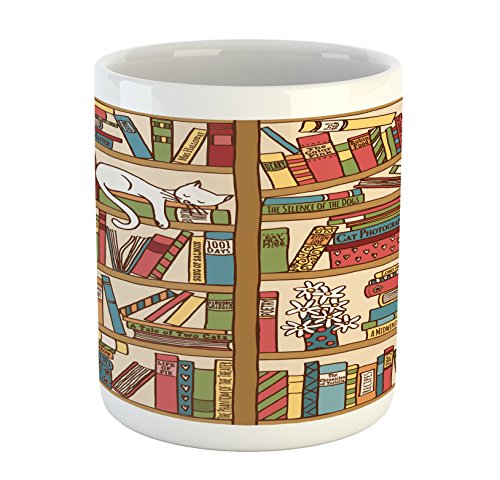 Ambesonne Cat Mug, Nerd Book Lover Kitty Sleeping over Bookshelf Library Academics Feline