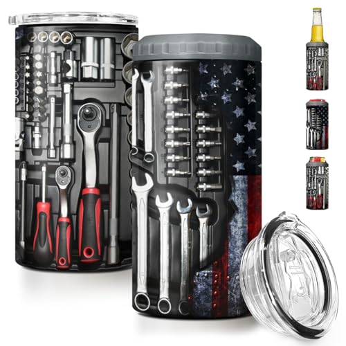 Image of SANDJEST Mechanics Tumbler Mechanic Dad Tool Box 4 in 1 12oz Can Cooler Coozie Skinny Stainless Steel Tumbler for Daddy Father Papa Birthday