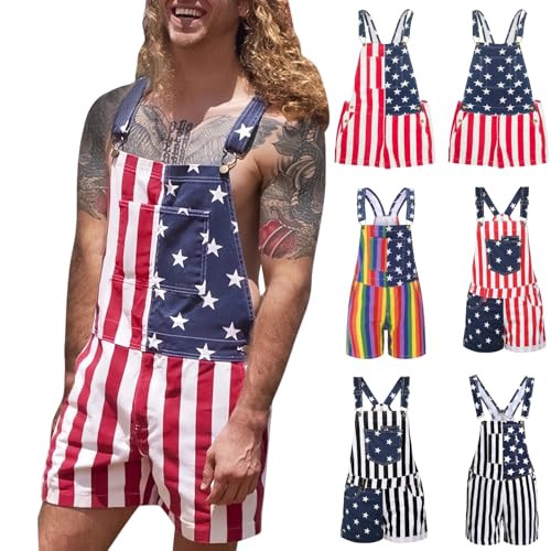 LVOFTJU American Flag Overalls Men American Flag Overalls Men Women 4th Of July Overall For Man USA Red White And Blue Red Patriotic Denim Romper Shorts Outfits With Pockets L