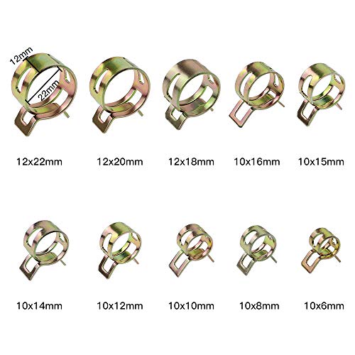 DXLing 120 Pièces Clip à Ressort Metal 10 Taille Tuyau Serre-joints Tuyaux Colliers de Clip Réglable Double Oreille Tube Attaches Assortiment Kit avec Boîte de Rangement pour Tuyau D'eau Tuyau D'air