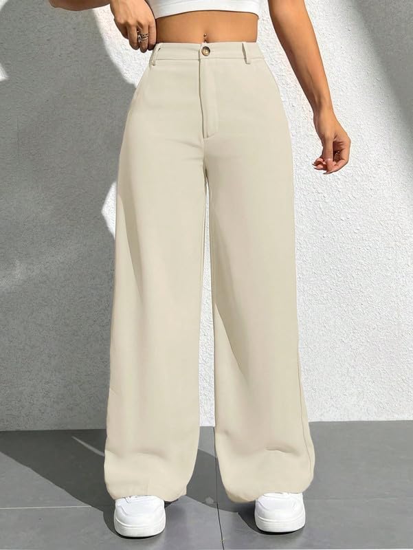 Image of Women's High Waisted Wide Leg Pants Trousers | Loose Fit Stretch Cotton Blend Slacks | Casual Elegant Style (TR002CRM S) Cream