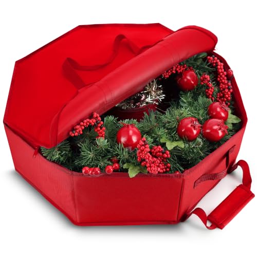 Image of Hearth & Harbor Container-Hard Shell Christmas Bag with Interior Pockets, Dual Zipper and Handles-Premium Wreath Storage Organizer Box, 30 inch, Red