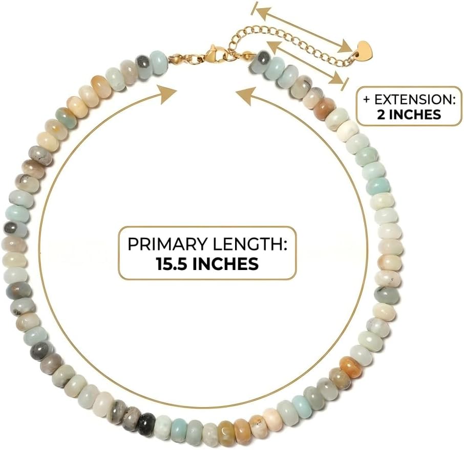 Beaded Necklaces for Women - Natural Amazonite Gemstones Choker, Boho Jewelry for Summer Beach Outfit Handmade Waterproof Gemstone Necklace for Vacation & Everyday Wear
