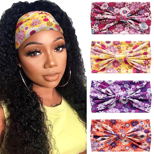 SAWINDA 女性用ボヘミアンワイドヘッドバンド 花柄プリント ツイスト レディース ヘアバンド 厚手 伸縮性 滑り止め ヘッドバンド 女性用 ヘア ヨガ メイク エクササイズ アフリカン ヘアラップ アクセサリー 4個パック