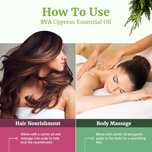 Image of SVA Cypress Essential Oil - 4 Fl Oz - 100% Natural Cypress Oil - for Diffuser, Hair Care, Face, Skin Care, Aromatherapy, Scalp and Body Massage, Soap and Candle Making - with Dropper
