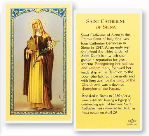 Hirten Saint Catherine of Siena Laminated Catholic Prayer Holy Card, Single Card – Patron of Nurses Pocket Devotional for Courage & Faith