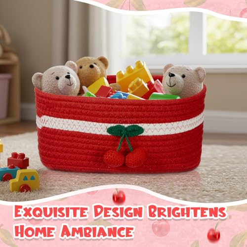 Image of Honeydak 2 Pcs Cherry Basket with Handles Easter Gift Red Decorative Cotton Rope Woven Basket with Gift Bag Ribbon Cute Oval Organizer Cherry Bathroom Decor for Nursery Pet Closet Shelf, 12 inchx 8 inchx 5 inch