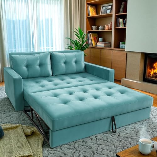 FURNY Tressa 2 Seater Pull-Out Premium Fabric Sofa Cum Bed Sofa Set for Living Room (Sky Blue Fabric)