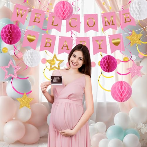 Image of WinnerWhy 25 Pcs Baby Shower Decorations for Girl, Pink Welcome Baby Banner with Glitter Stars, Hanging Swirls, Honeycomb Balls, Circle Dots Garland Girl Pink Decorations for Gender Reveal Party Decor